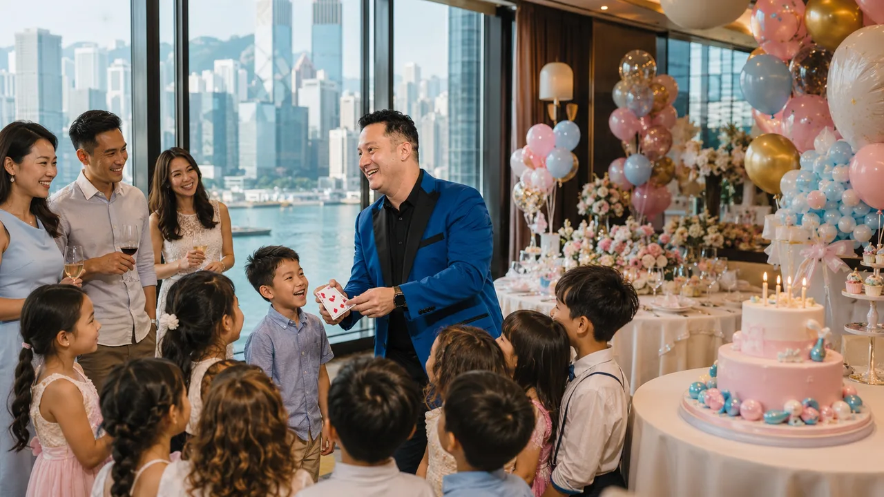 Magician Jose performing close-up magic for kids and parents at an elegant Hong Kong harbourview party venue with pastel balloons and tiered cake