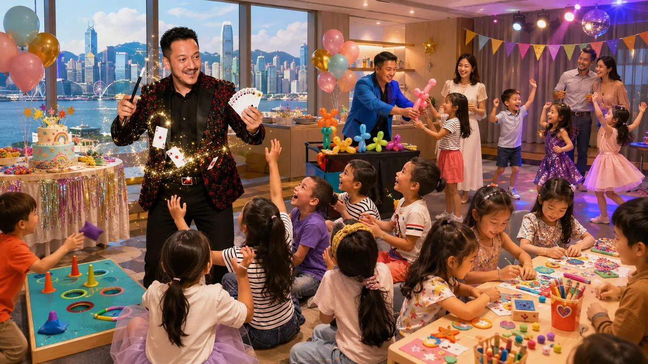 Hong Kong birthday party with magician Jose performing cards, balloon twisting, crafts table and ring toss games for excited kids